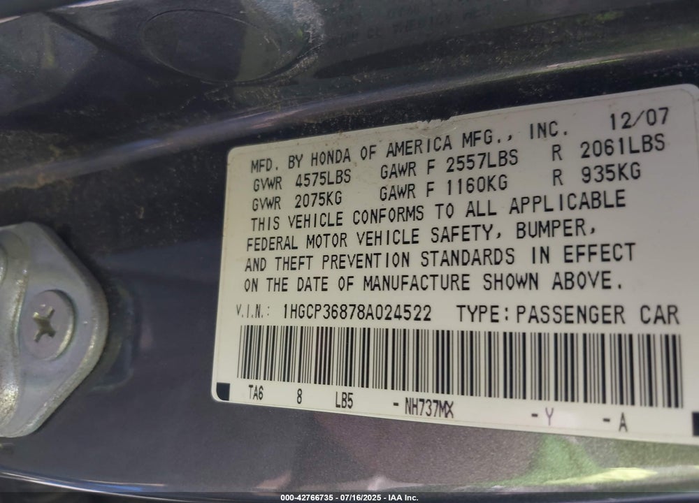 2008 HONDA ACCORD VIN: 1HGCP36878A024522