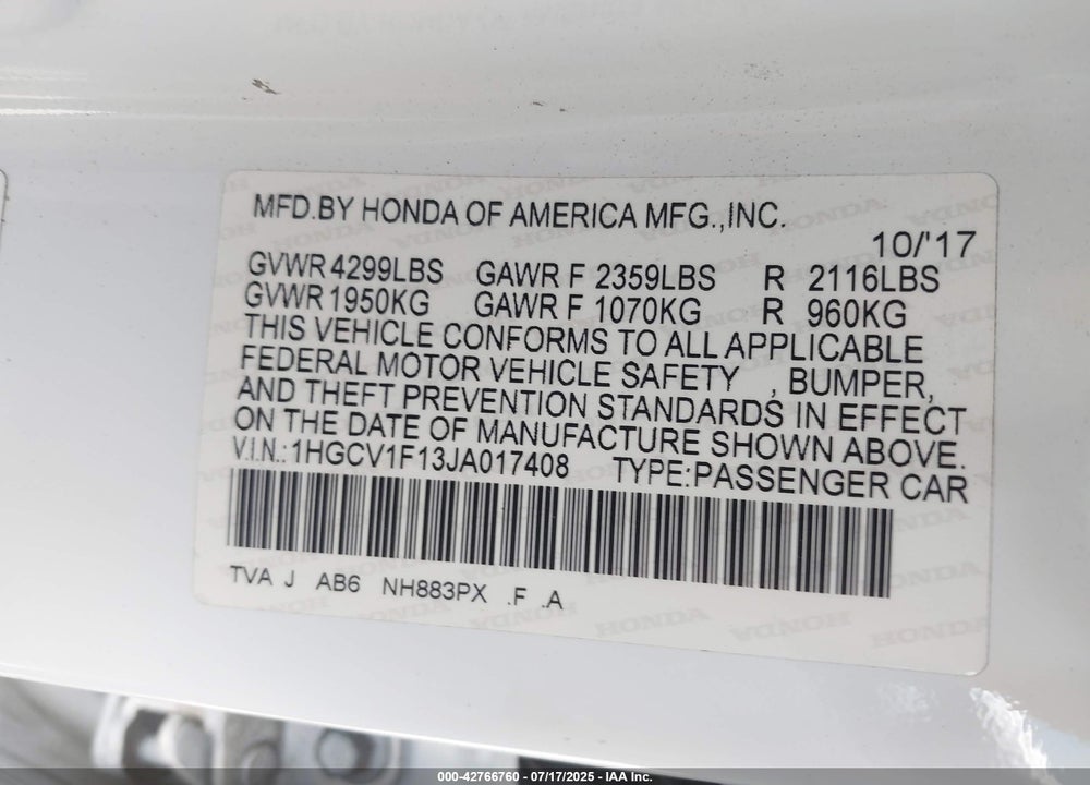 2018 HONDA ACCORD VIN: 1HGCV1F13JA017408