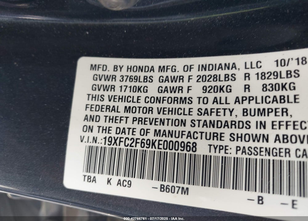 2019 HONDA CIVIC VIN: 19XFC2F69KE000968
