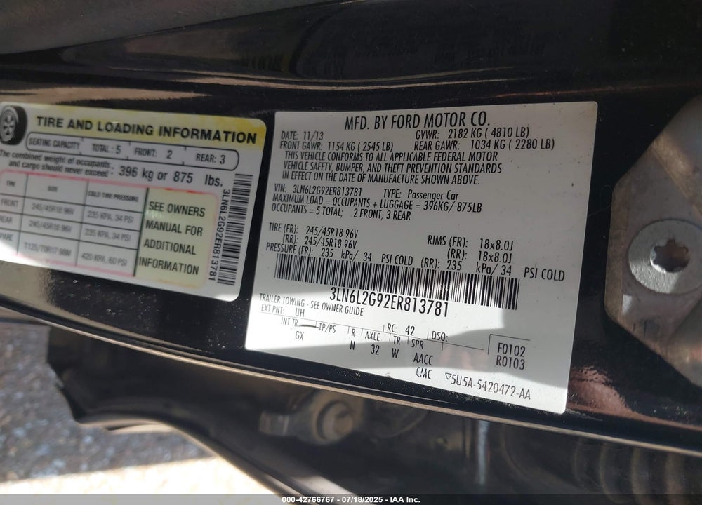 2014 LINCOLN MKZ VIN: 3LN6L2G92ER813781
