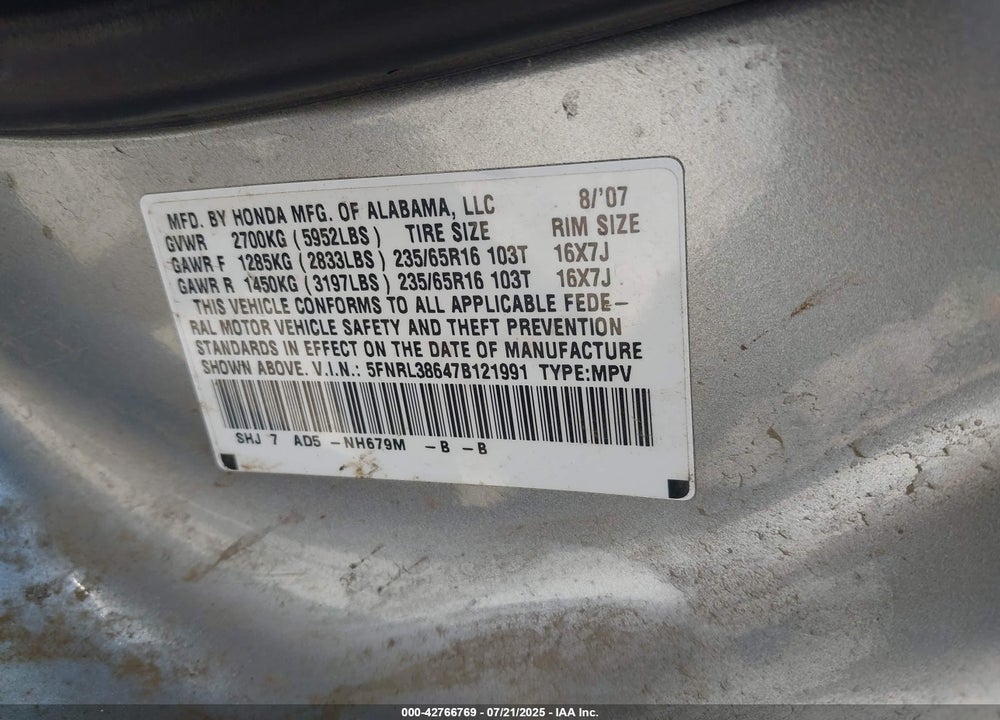 2007 HONDA ODYSSEY EX-L VIN: 5FNRL38647B121991