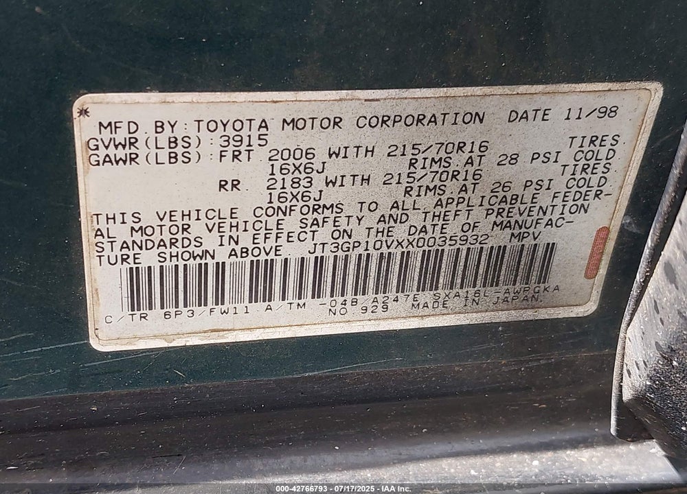 1999 TOYOTA RAV4 VIN: JT3GP10VXX0035932