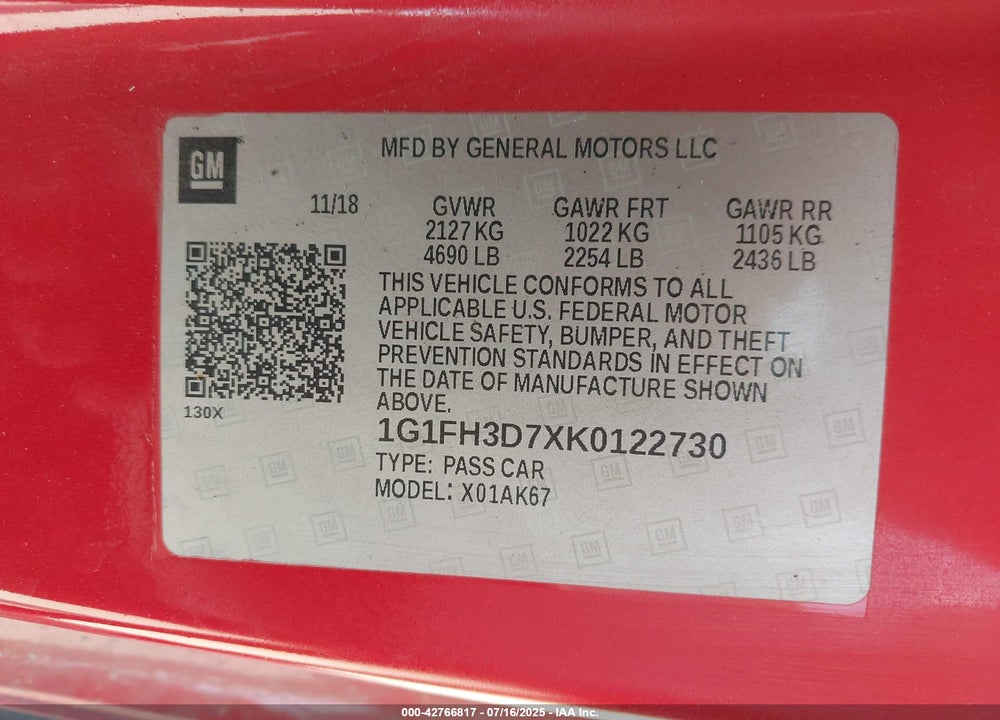 2019 CHEVROLET CAMARO VIN: 1G1FH3D7XK0122730
