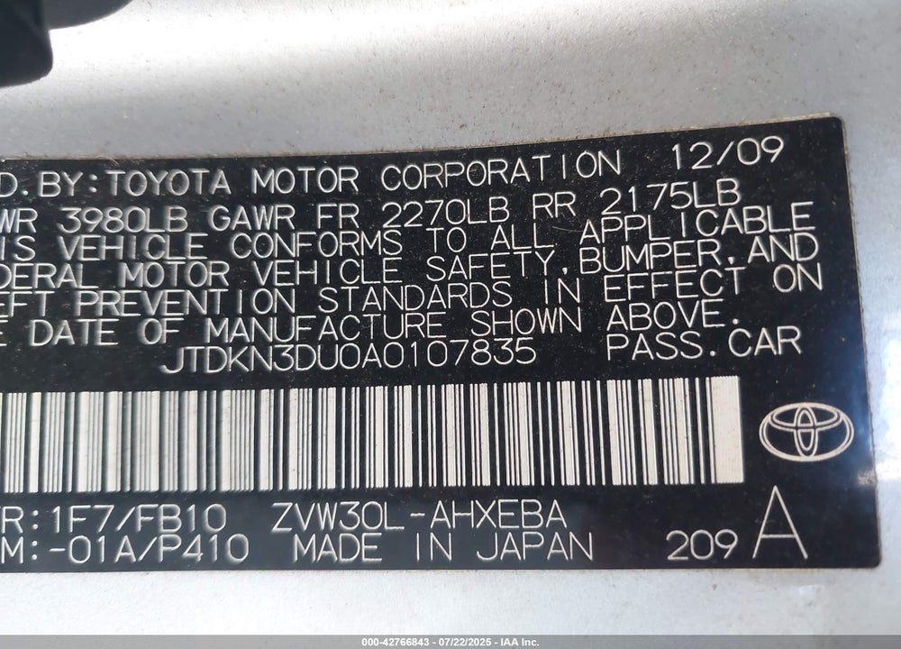 2010 TOYOTA PRIUS VIN: JTDKN3DU0A0107835