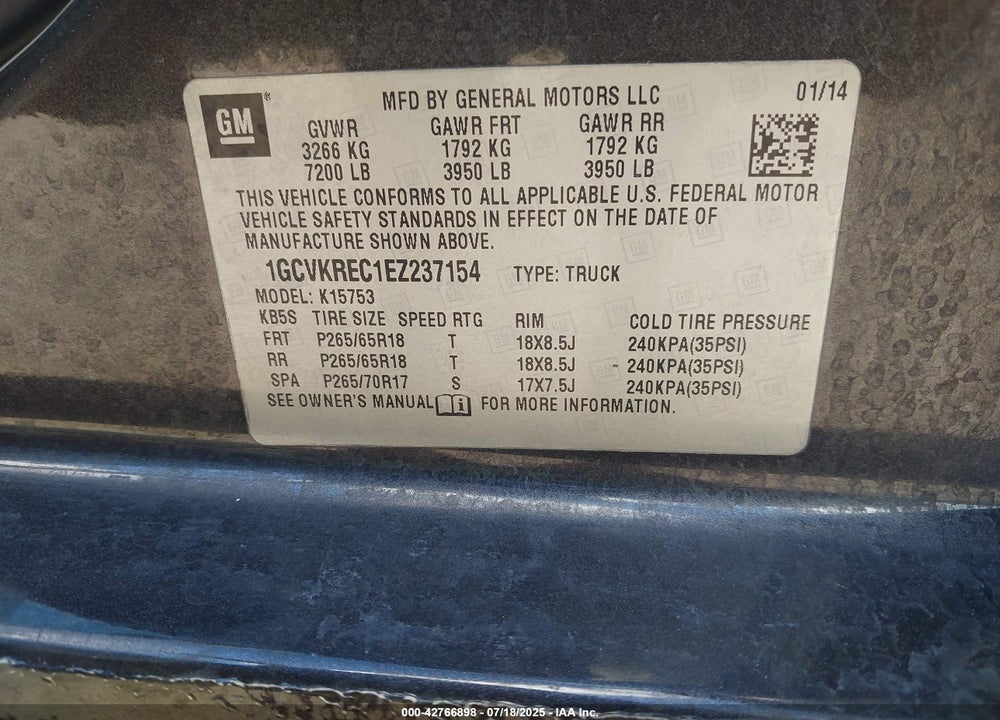 2014 CHEVROLET SILVERADO 1500 VIN: 1GCVKREC1EZ237154