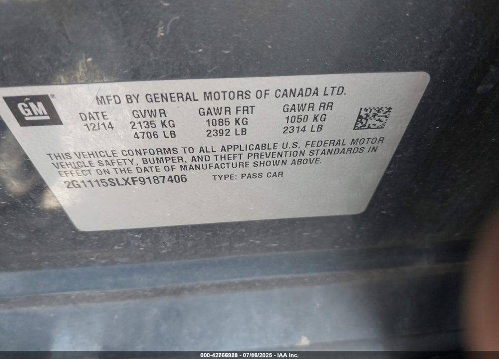 2015 CHEVROLET IMPALA VIN: 2G1115SLXF9187406