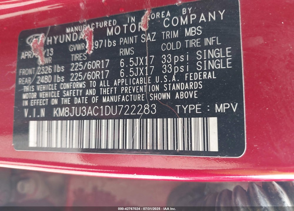 2013 HYUNDAI TUCSON GLS VIN: KM8JU3AC1DU722283