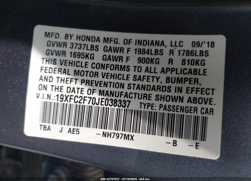 2018 HONDA CIVIC VIN: 19XFC2F70JE038337