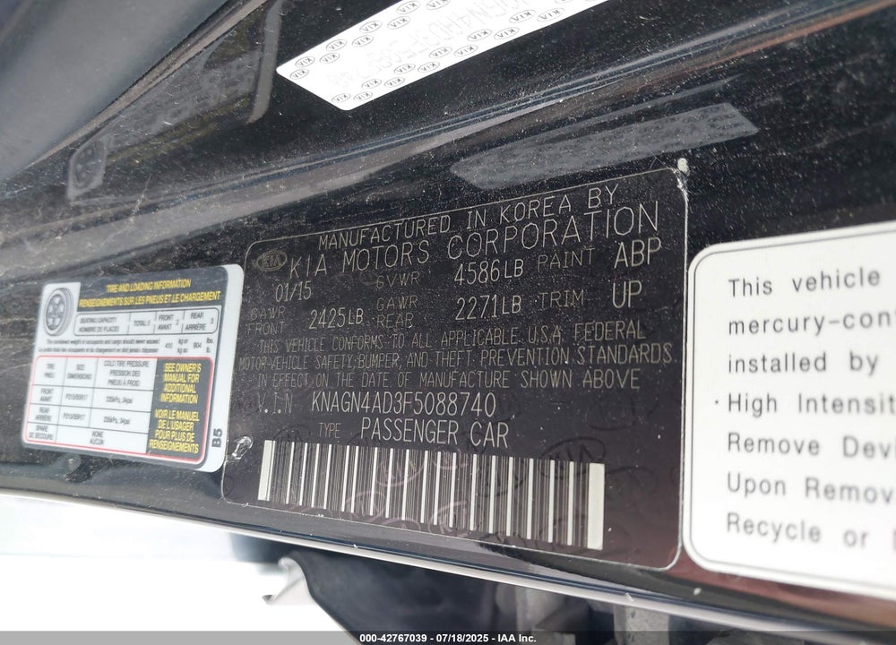 2015 KIA OPTIMA HYBRID VIN: KNAGN4AD3F5088740