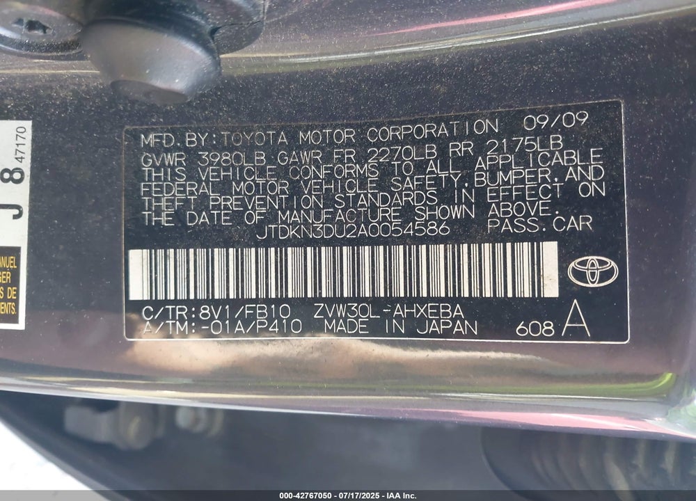 2010 TOYOTA PRIUS VIN: JTDKN3DU2A0054586
