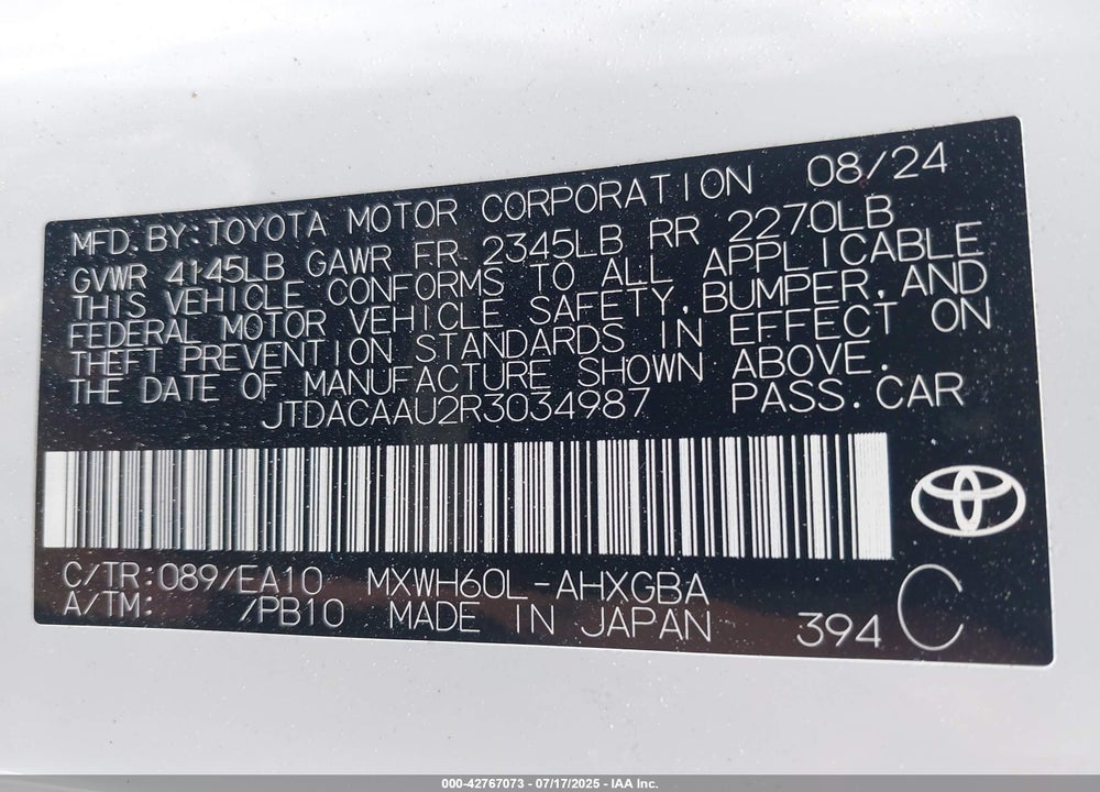 2024 TOYOTA PRIUS XLE VIN: JTDACAAU2R3034987