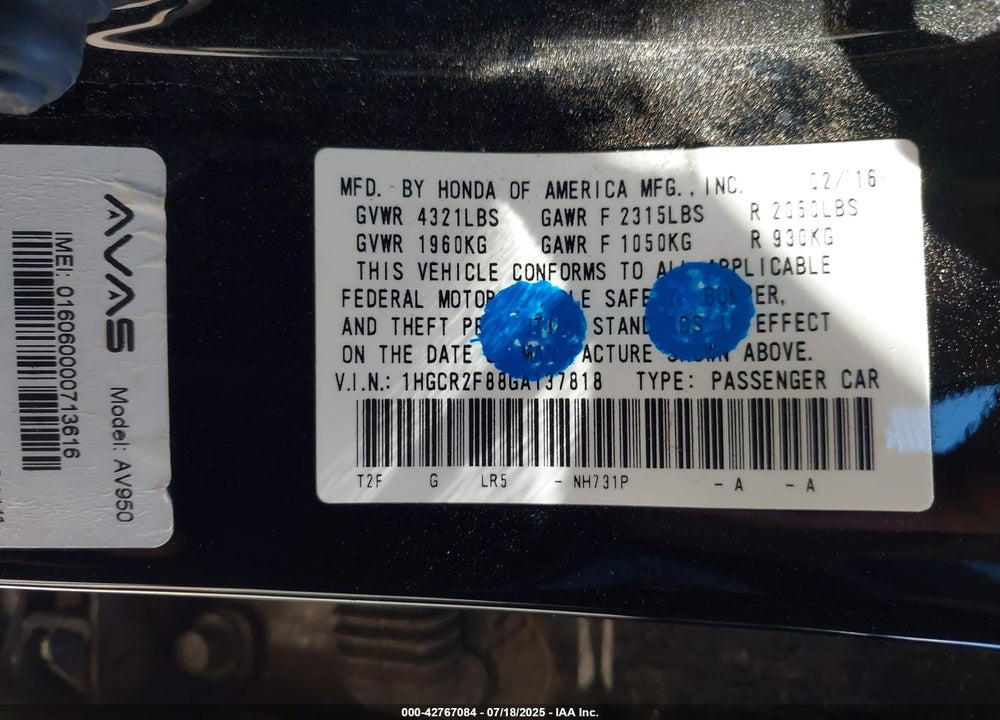 2016 HONDA ACCORD VIN: 1HGCR2F88GA137818