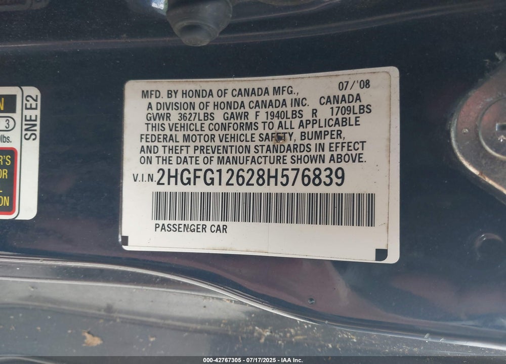 2008 HONDA CIVIC LX VIN: 2HGFG12628H576839