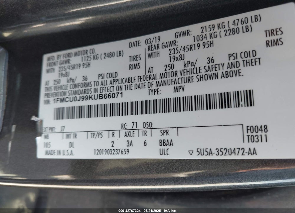 2019 FORD ESCAPE TITANIUM VIN: 1FMCU0J99KUB66071