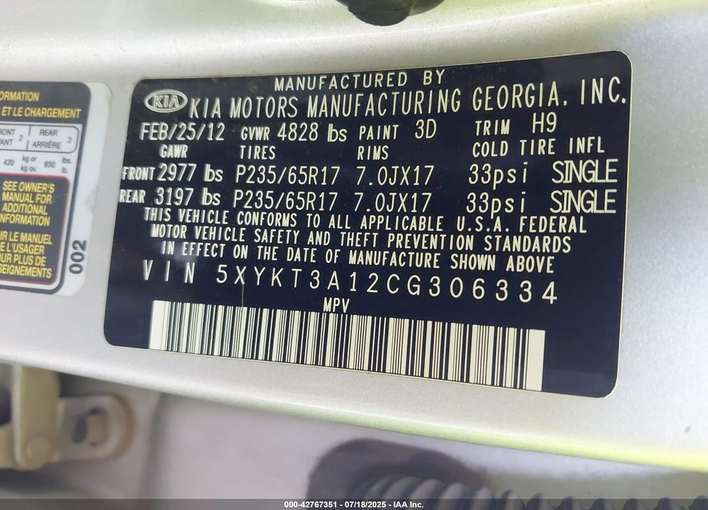 2012 KIA SORENTO VIN: 5XYKT3A12CG306334