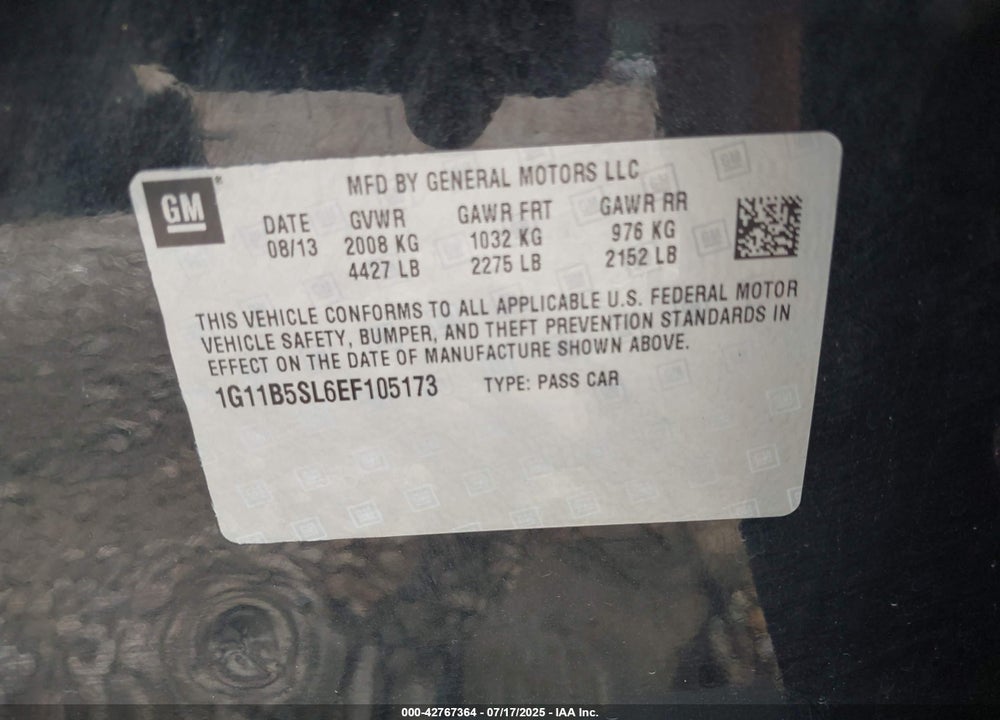 2014 CHEVROLET MALIBU VIN: 1G11B5SL6EF105173