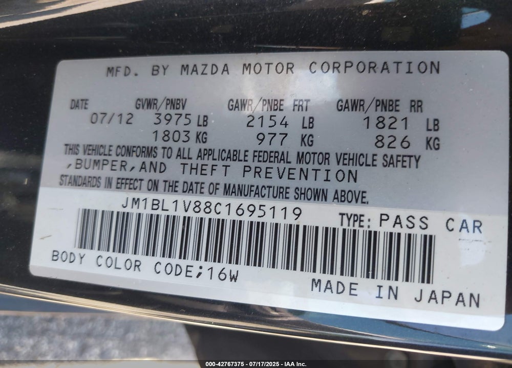 2012 MAZDA 3 VIN: JM1BL1V88C1695119