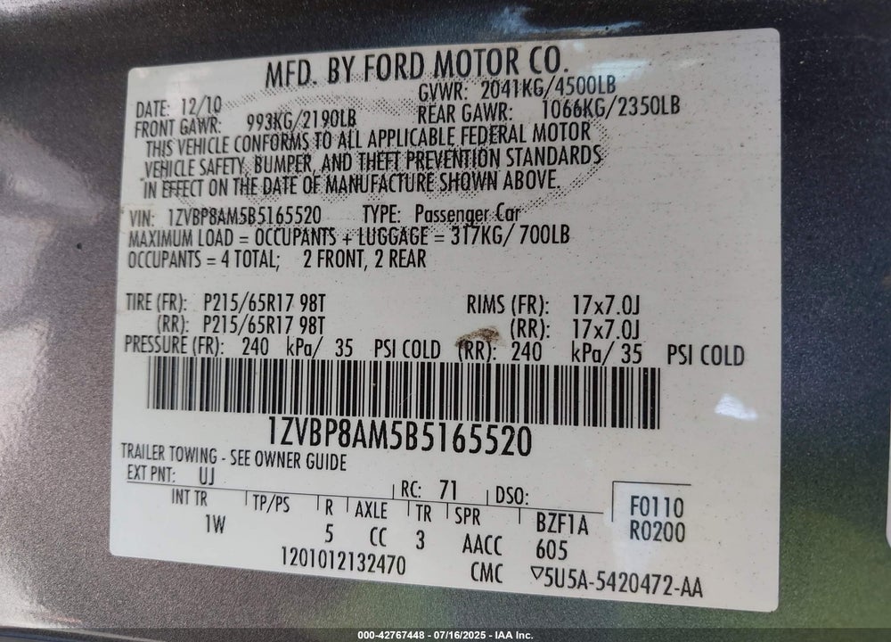 2011 FORD MUSTANG V6 VIN: 1ZVBP8AM5B5165520