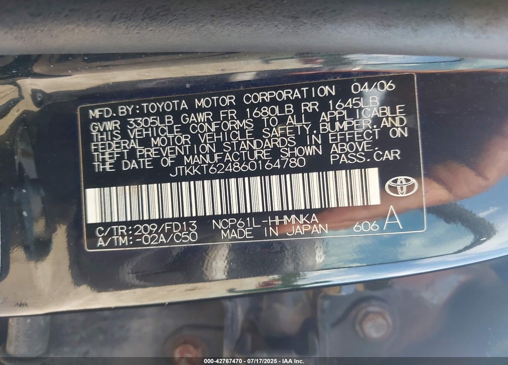 2006 SCION XA VIN: JTKKT624860164780