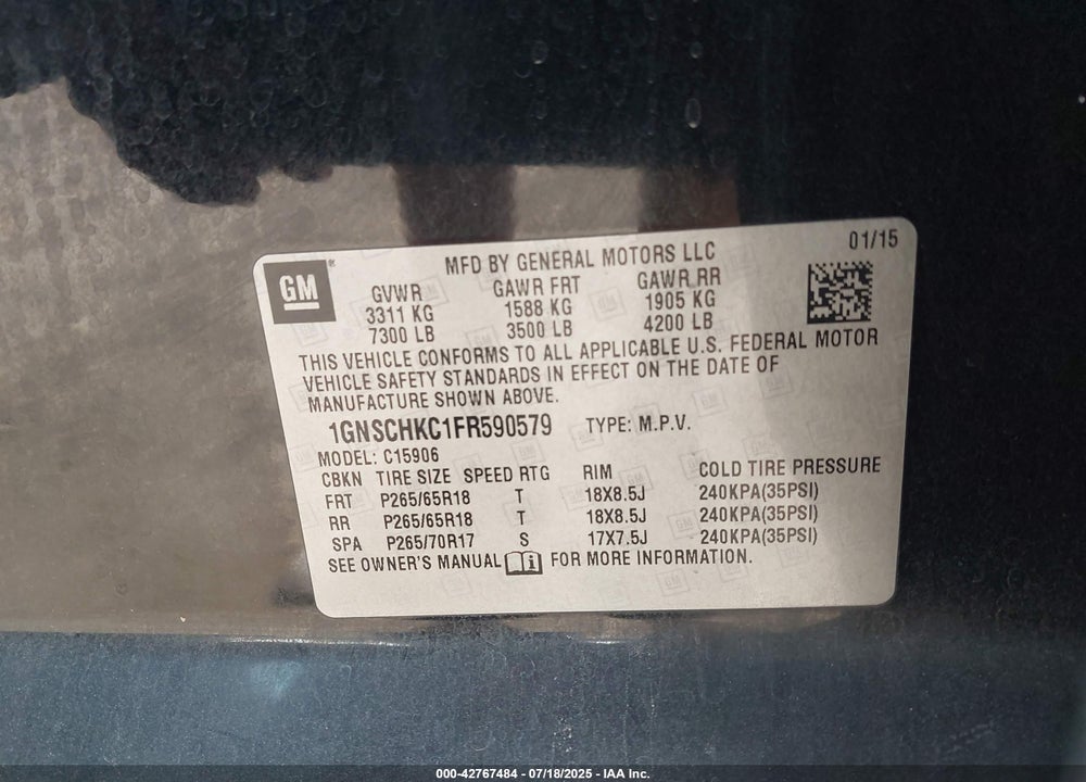 2015 CHEVROLET SUBURBAN 1500 VIN: 1GNSCHKC1FR590579