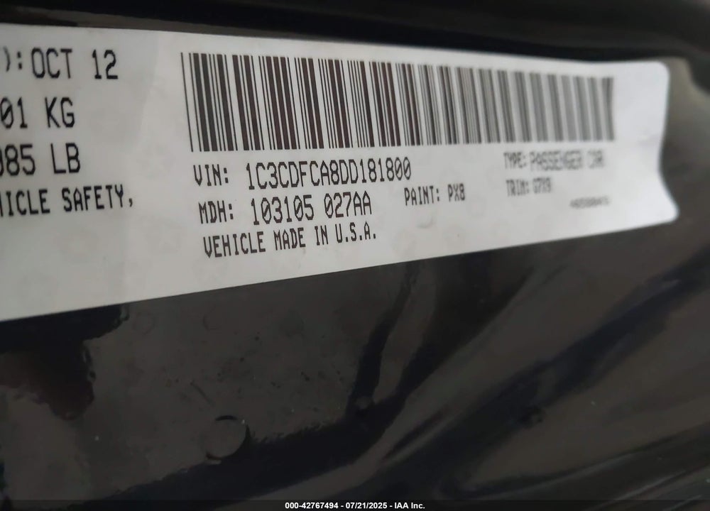 2013 DODGE DART LIMITED VIN: 1C3CDFCA8DD181800