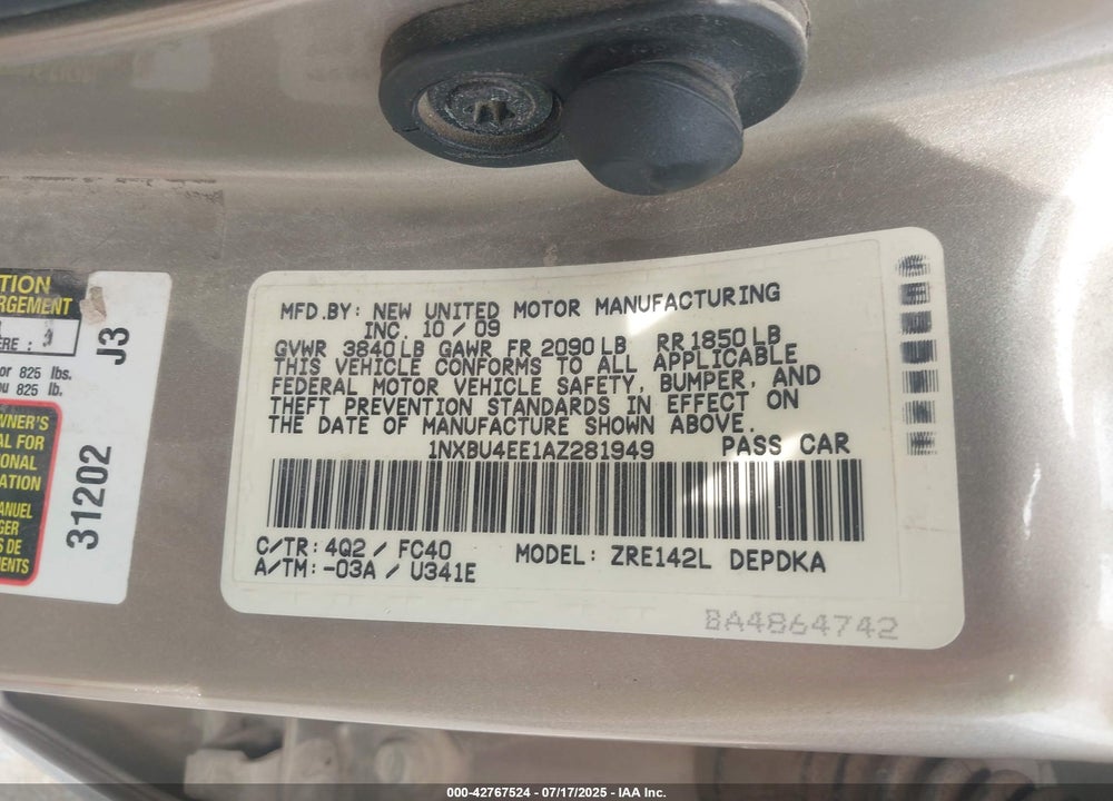 2010 TOYOTA COROLLA VIN: 1NXBU4EE1AZ281949
