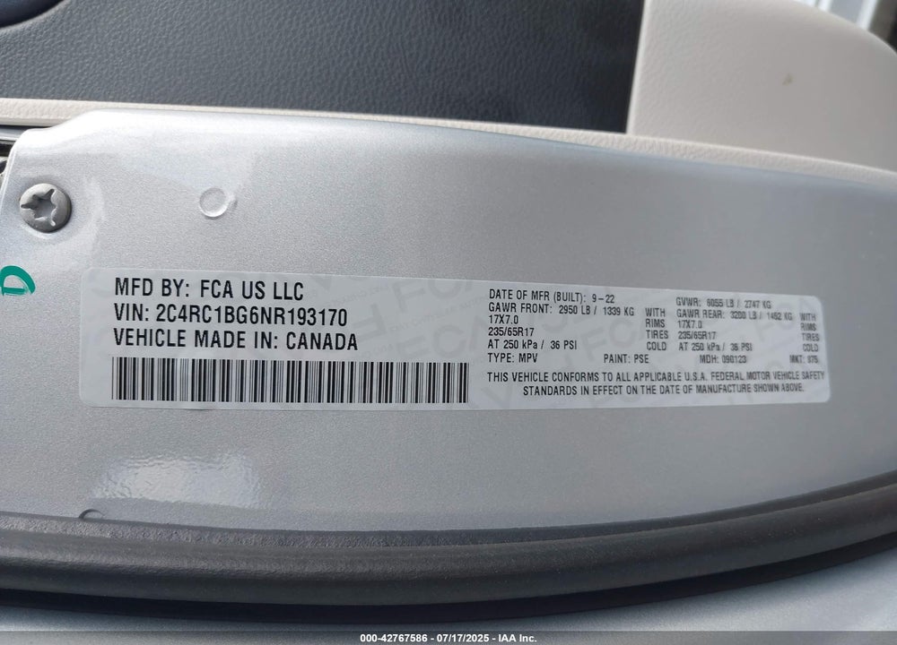 2022 CHRYSLER PACIFICA VIN: 2C4RC1BG6NR193170