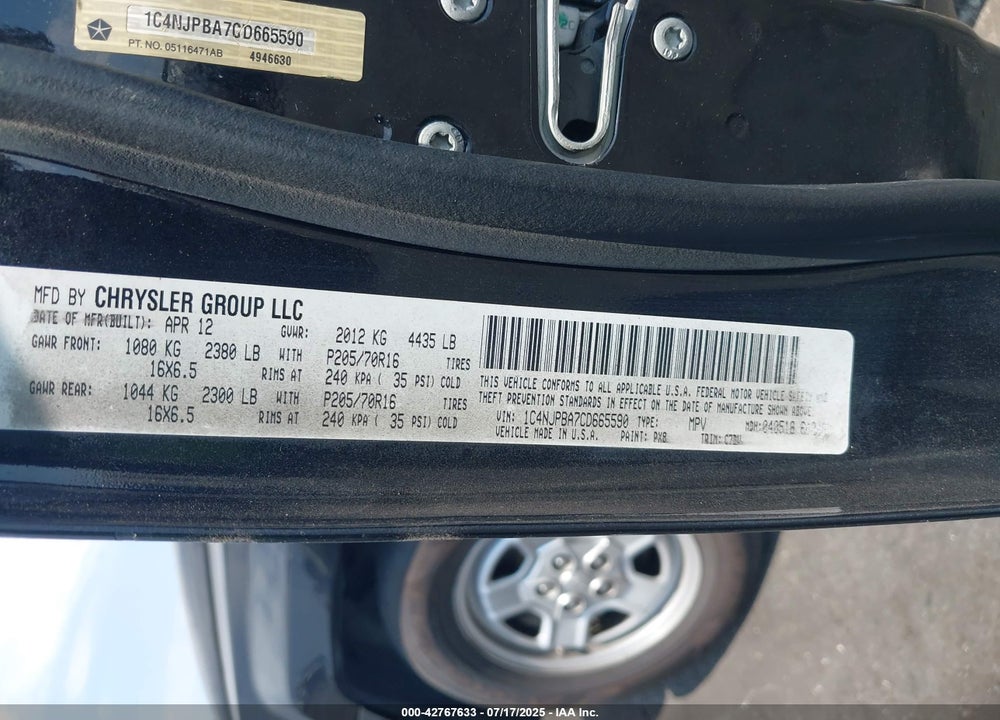 2012 JEEP PATRIOT VIN: 1C4NJPBA7CD665590