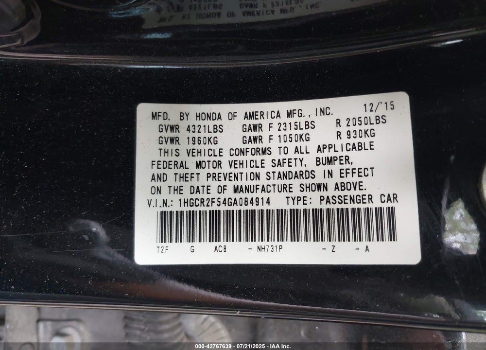 2016 HONDA ACCORD VIN: 1HGCR2F54GA084914