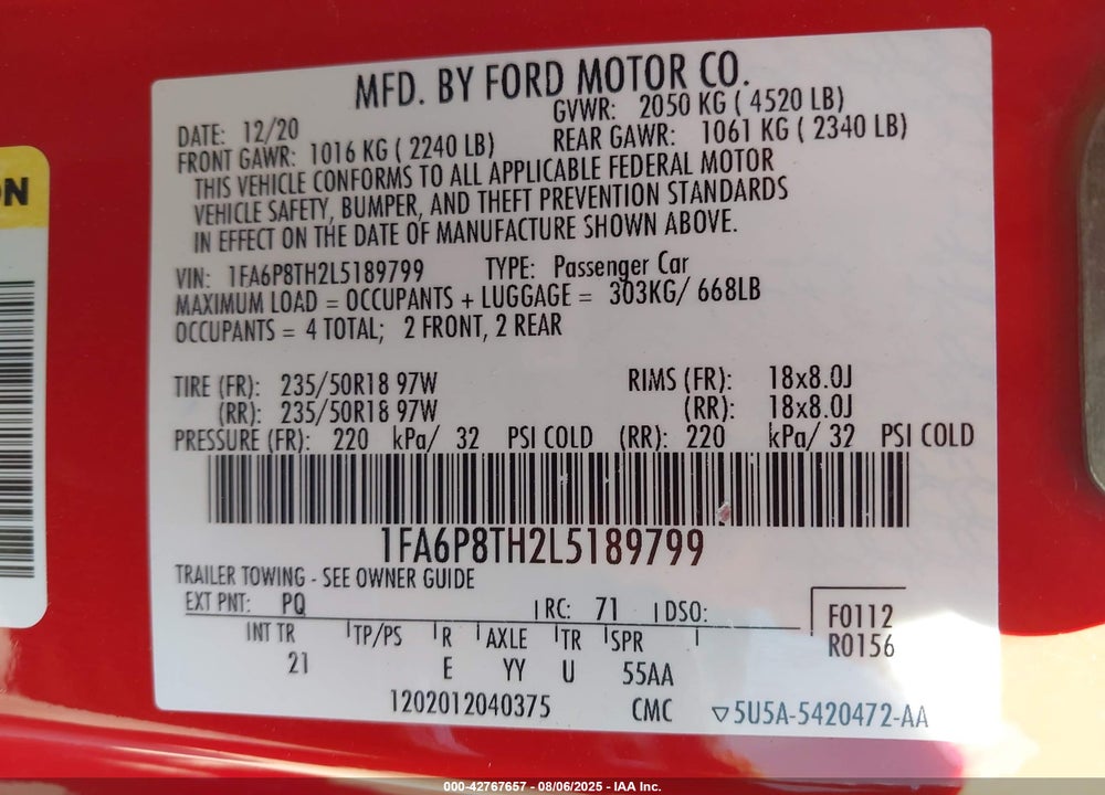 2020 FORD MUSTANG VIN: 1FA6P8TH2L5189799
