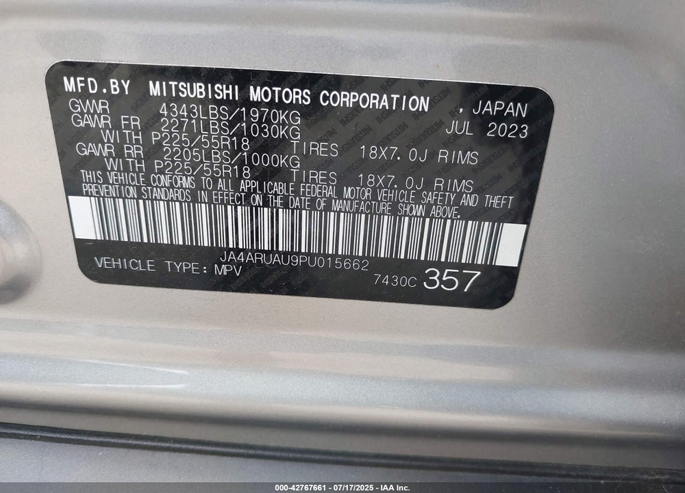 2023 MITSUBISHI OUTLANDER SPORT VIN: JA4ARUAU9PU015662