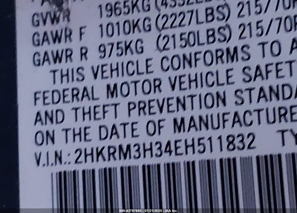 2014 HONDA CR-V VIN: 2HKRM3H34EH511832