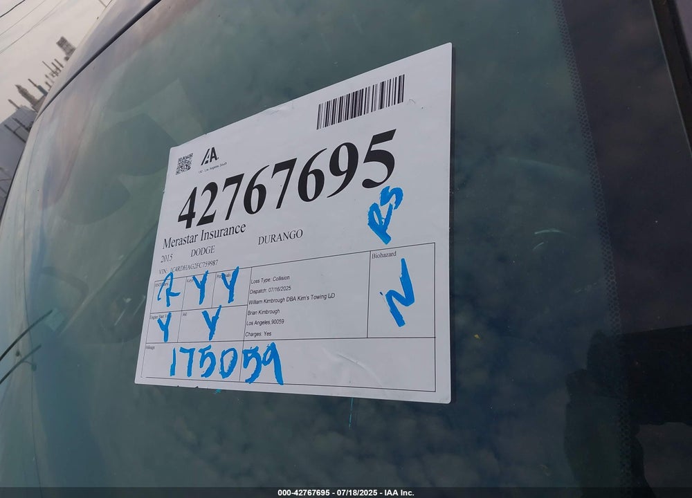 2015 DODGE DURANGO VIN: 1C4RDHAG2FC759987