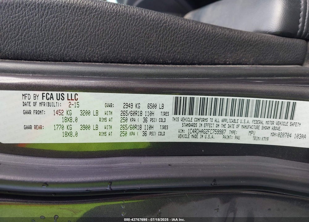 2015 DODGE DURANGO VIN: 1C4RDHAG2FC759987