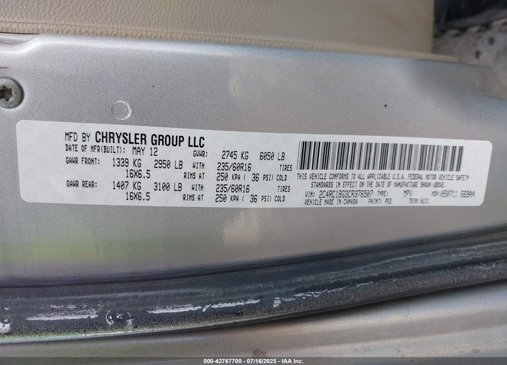 2012 CHRYSLER TOWN & COUNTRY VIN: 2C4RC1BG3CR376507