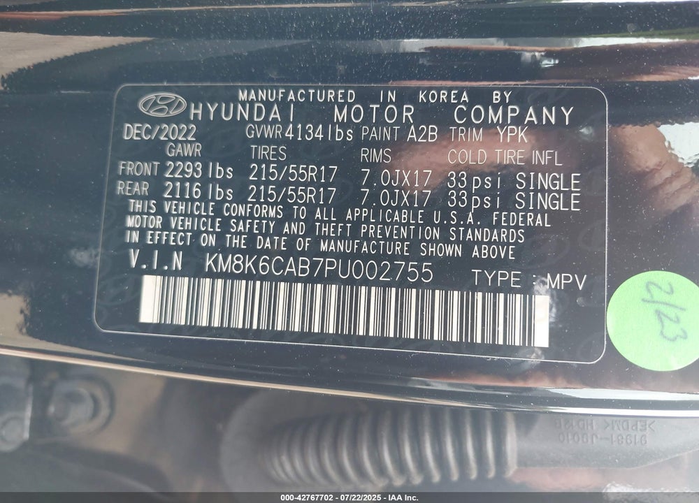 2023 HYUNDAI KONA VIN: KM8K6CAB7PU002755