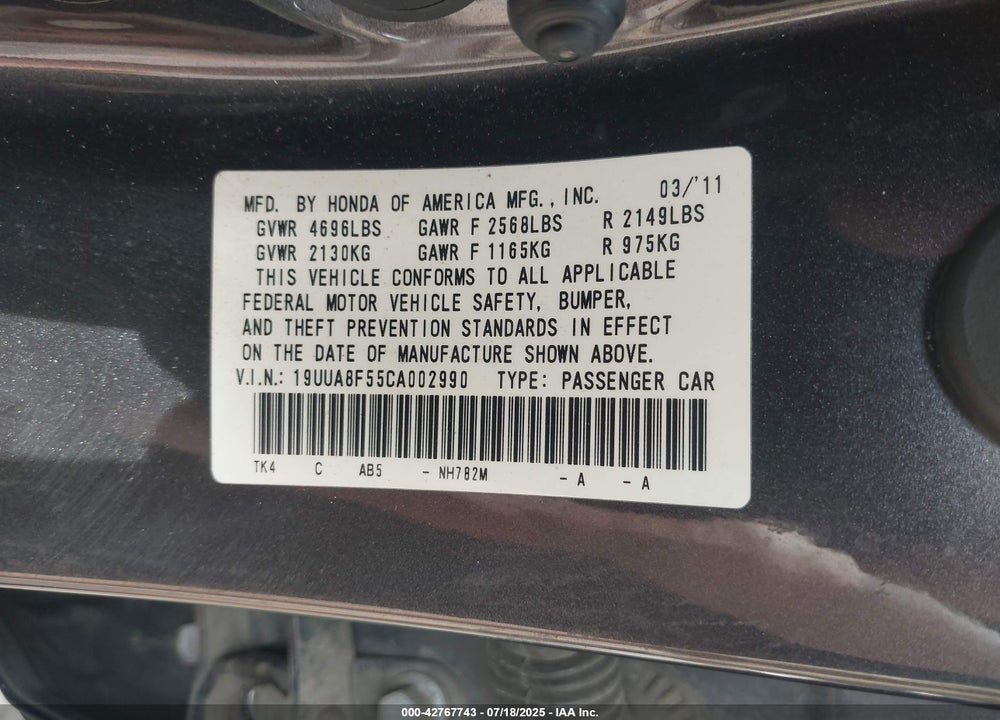 2012 ACURA TL VIN: 19UUA8F55CA002990