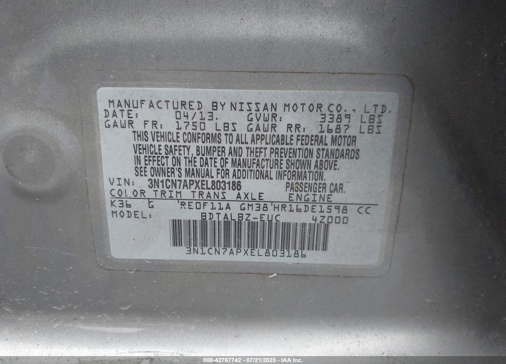 2014 NISSAN VERSA VIN: 3N1CN7APXEL803186