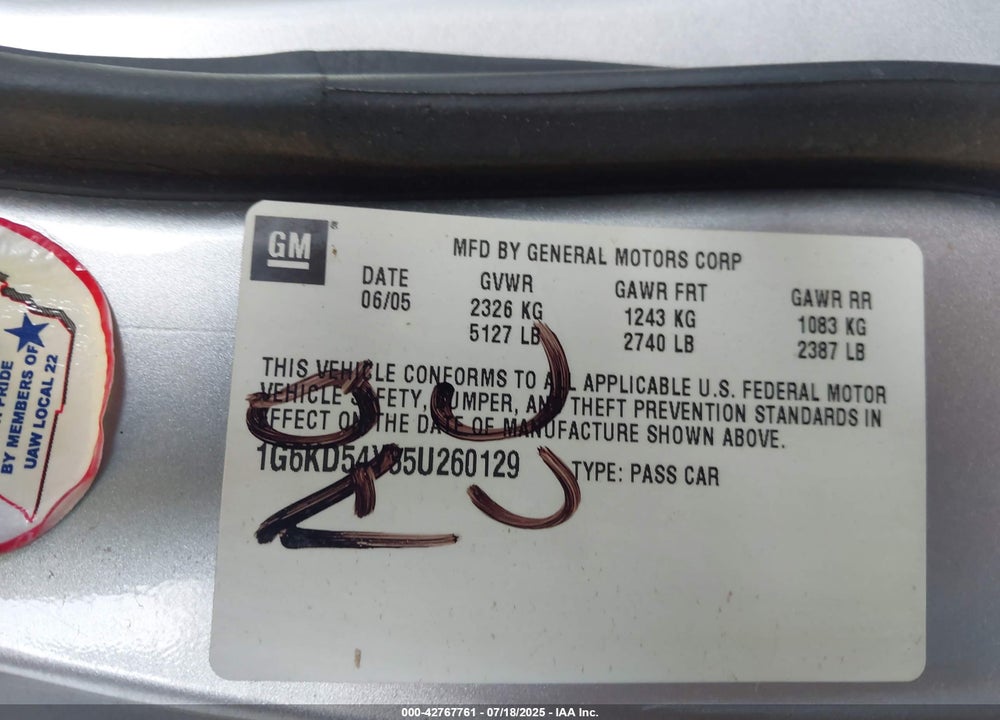 2005 CADILLAC DEVILLE VIN: 1G6KD54Y35U260129