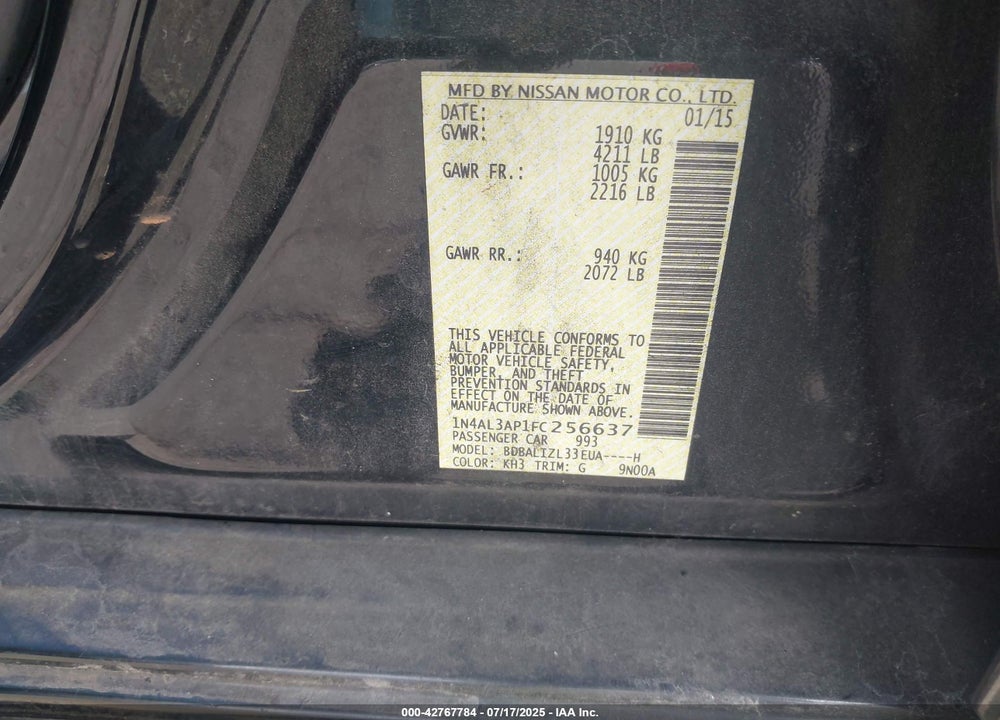 2015 NISSAN ALTIMA VIN: 1N4AL3AP1FC256637