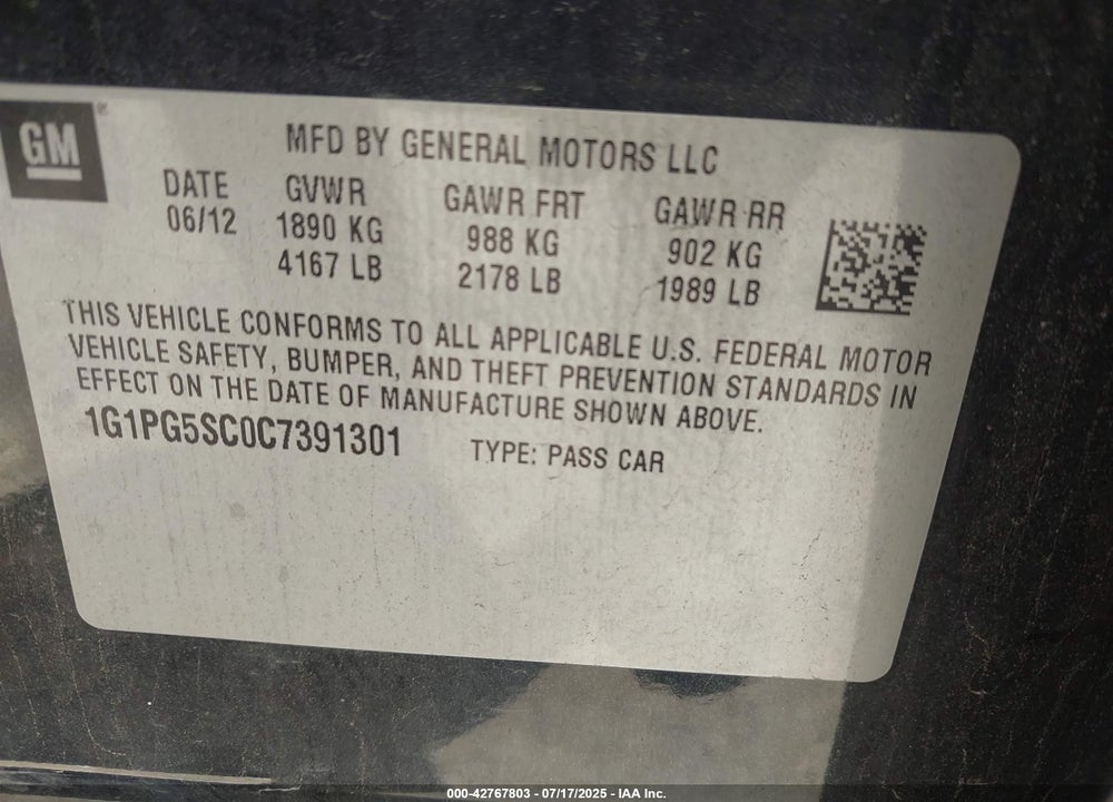 2012 CHEVROLET CRUZE VIN: 1G1PG5SC0C7391301
