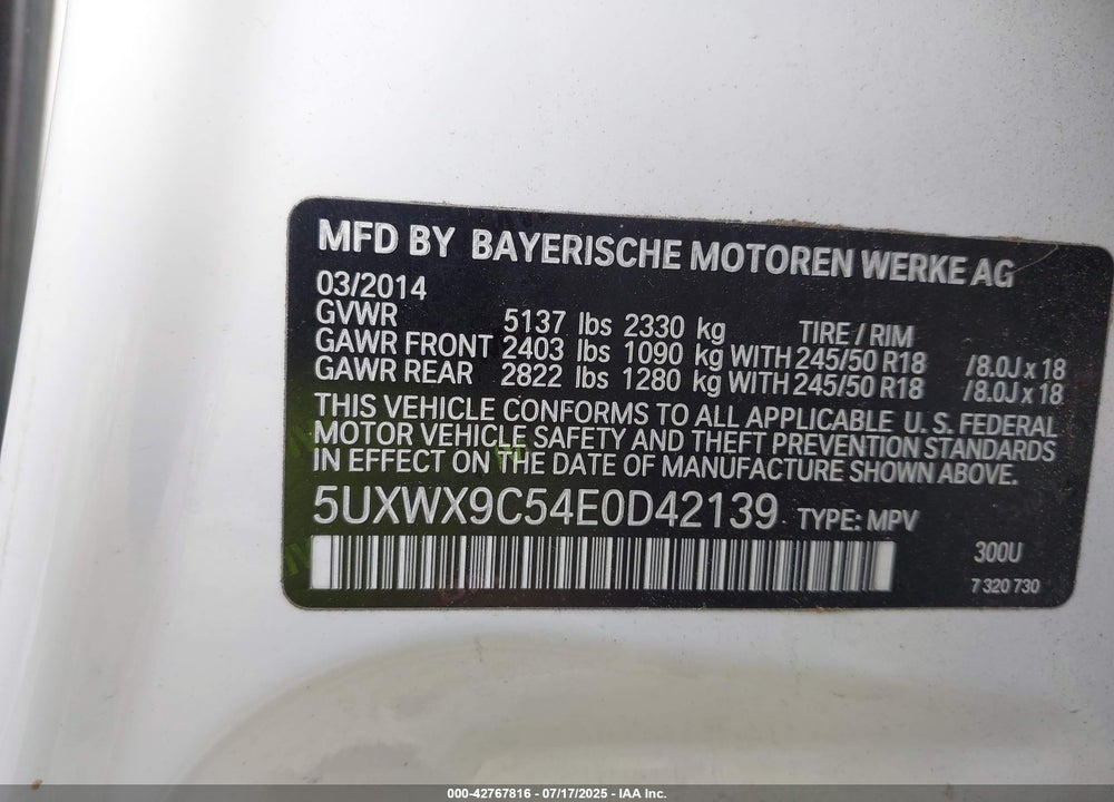 2014 BMW X3 VIN: 5UXWX9C54E0D42139