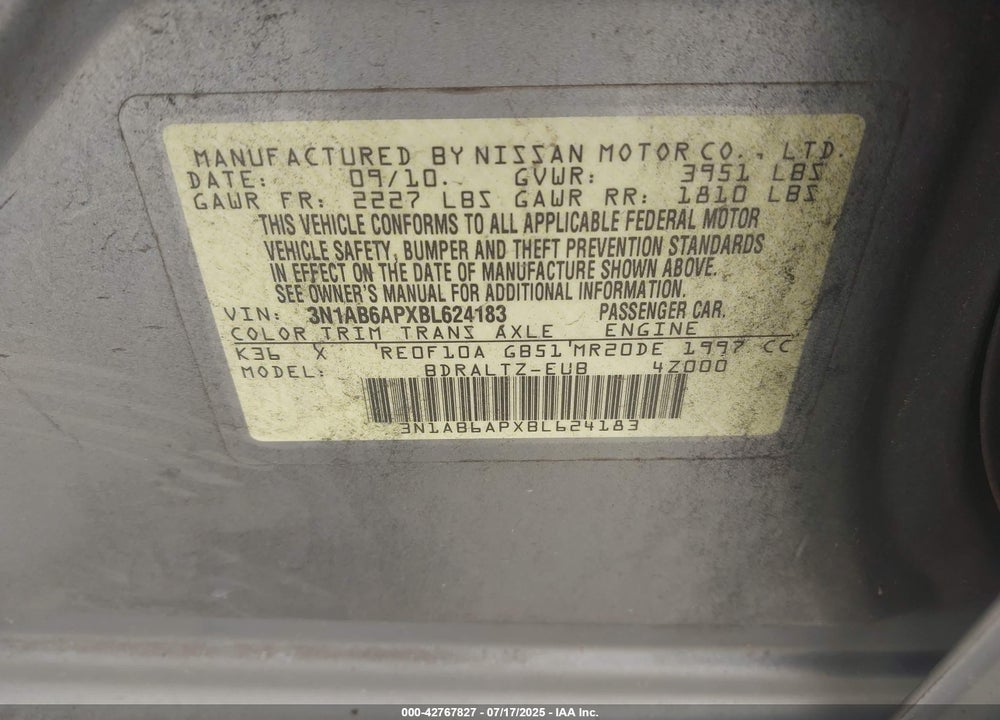 2011 NISSAN SENTRA VIN: 3N1AB6APXBL624183