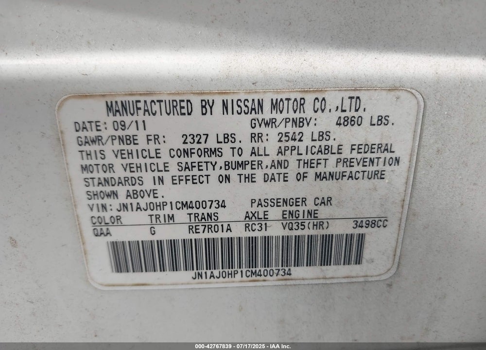 2012 INFINITI EX35 VIN: JN1AJ0HP1CM400734