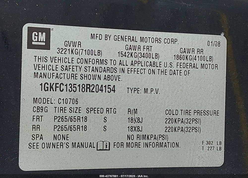2008 GMC YUKON VIN: 1GKFC13518R204154
