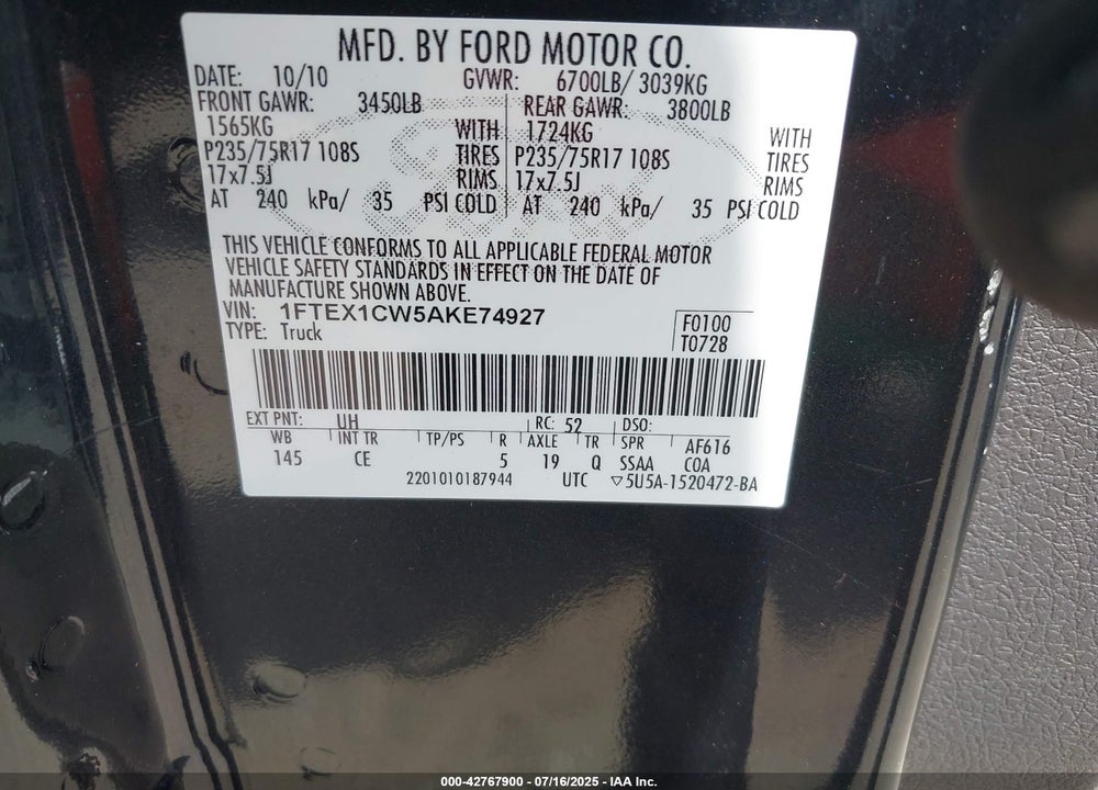 2010 FORD F-150 STX/XL VIN: 1FTEX1CW5AKE74927