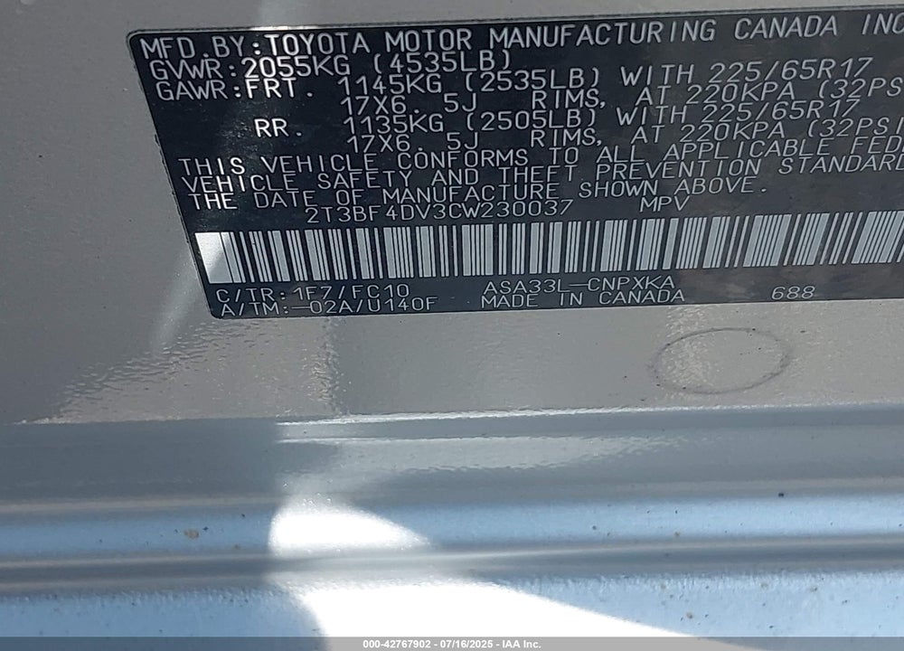 2012 TOYOTA RAV4 VIN: 2T3BF4DV3CW230037