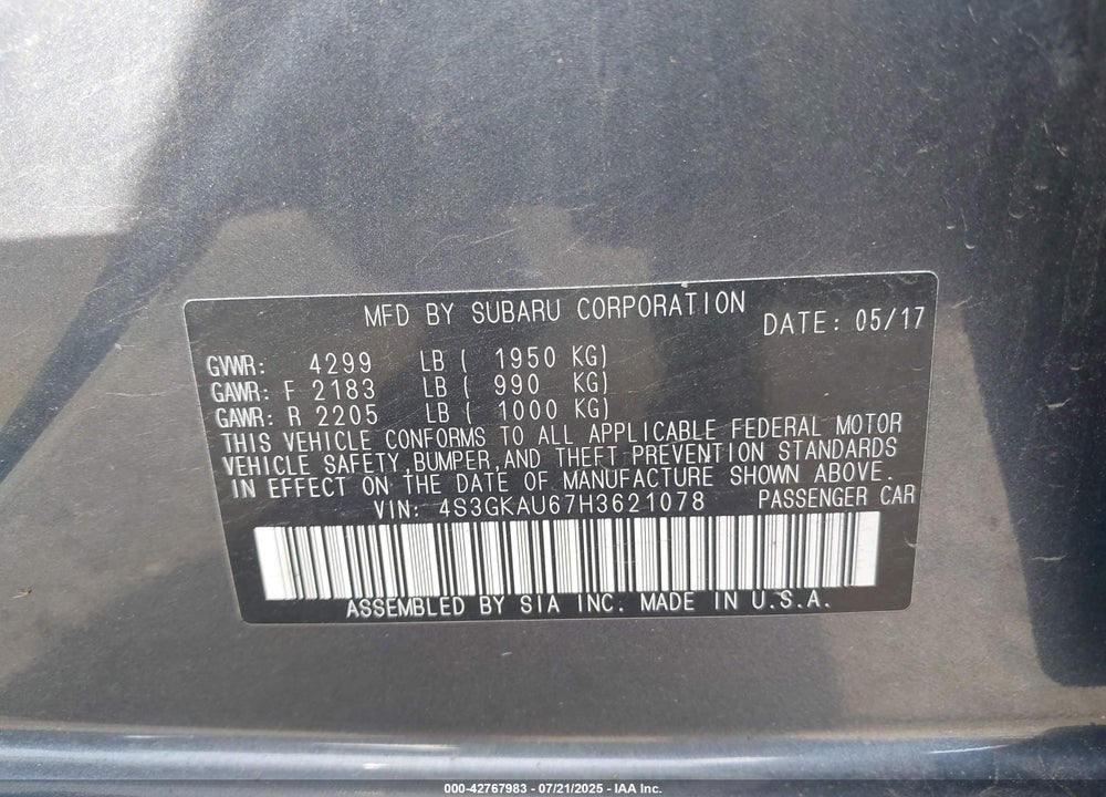 2017 SUBARU IMPREZA VIN: 4S3GKAU67H3621078