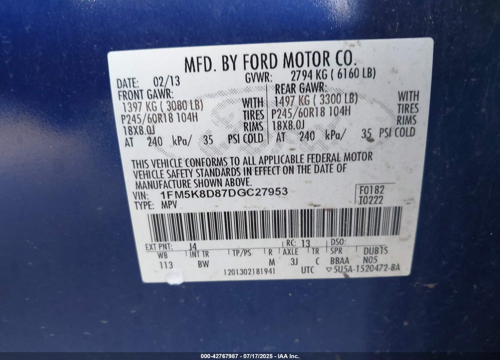 2013 FORD EXPLORER VIN: 1FM5K8D87DGC27953