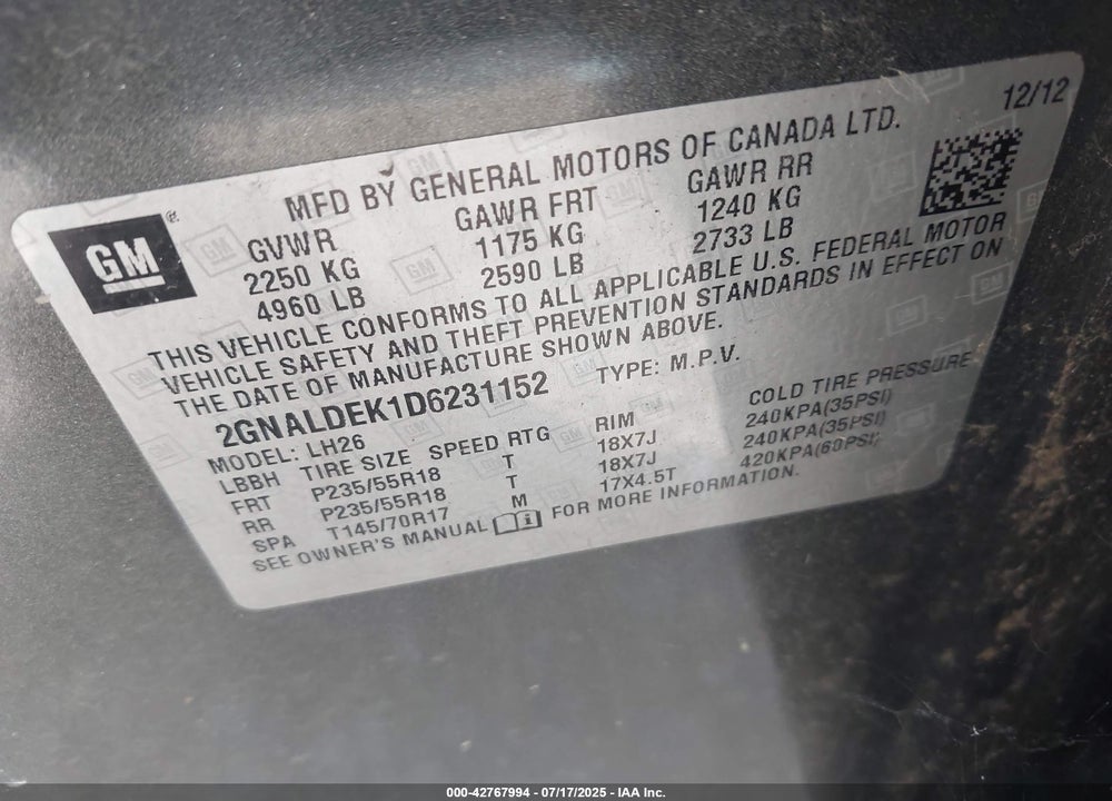 2013 CHEVROLET EQUINOX 1LT VIN: 2GNALDEK1D6231152